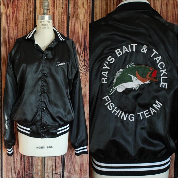Vintage Other - Vintage 1970s 1980s Men's Jacket, Black Satin Rennoe Vineland NJ Fishing Team